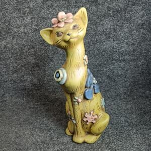 Vintage Long Neck Cat Figurine Tall MCM Anthropomorphic Flowers Ceramic